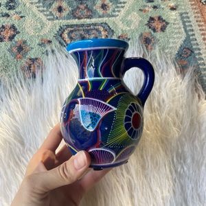 Mexican style pottery water pitcher home decor accent for shelf hand painted